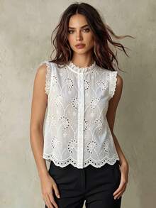 Franclia Top sin mangas con bordado hueco blanco, cuello de volantes + abotonadura delantera, top corto con bajo ondulado - Blanco - Ver 1