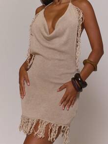 MUSERA Nude Knit Cowl Neck Fringed Hem Fitted Mini Dress - Apricot - View 5