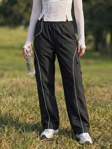 SHEIN Sports Women's Contrast Trim Cargo Outdoor Pants - Black - View 1