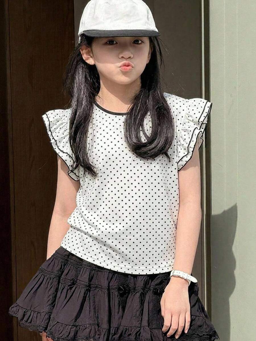 Dazy Kids 少女夏季休閒波點印花荷葉袖T恤 - 白色 - 查看 1
