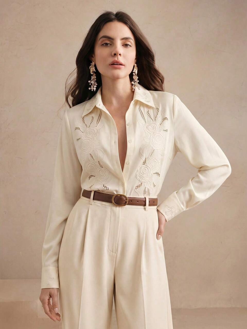 Anewsta Intricate Floral Embroidery Hollow Out Blouse, Elegant Premium Long Sleeve Versatile Women's Top