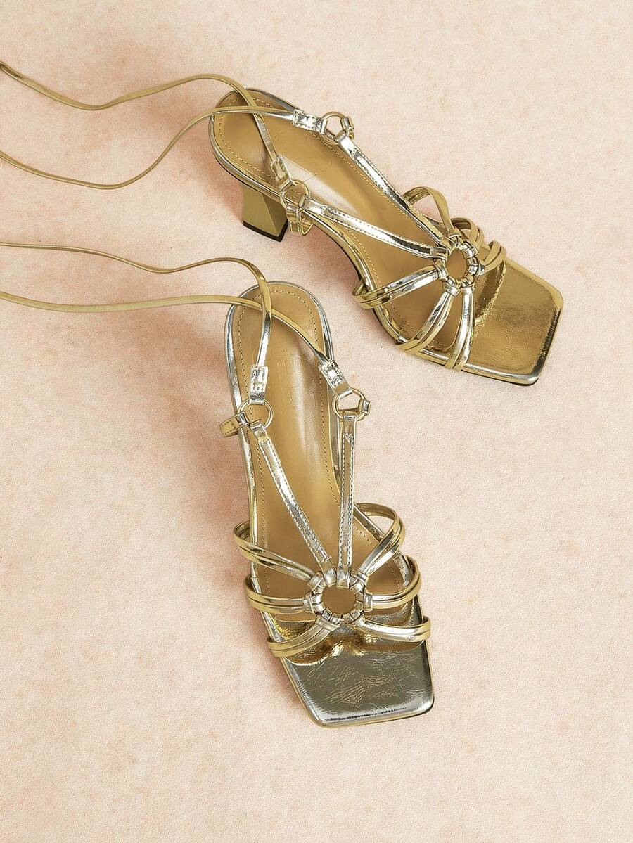Rosivie Spring/Summer Gold Square Toe Chunky Heel Hollow Lace-Up French Style High Heel Sandals Roman Shoes - Light gold - View 1
