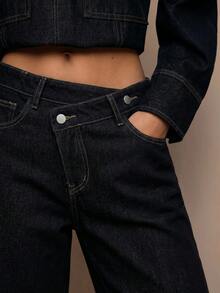 SHEIN BAE 女款不對稱腰頭口袋直筒休閒牛仔褲，牛仔女郎風格秋冬套裝 - 黑色 - 查看 3