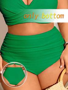 Swim Chiccia Plus Size Women Ribbed Fabric Solid Color Ruched Tummy Control Swimwear Bottom, Suitable For Daily Wear And Vacation For Summer - Green - View 1