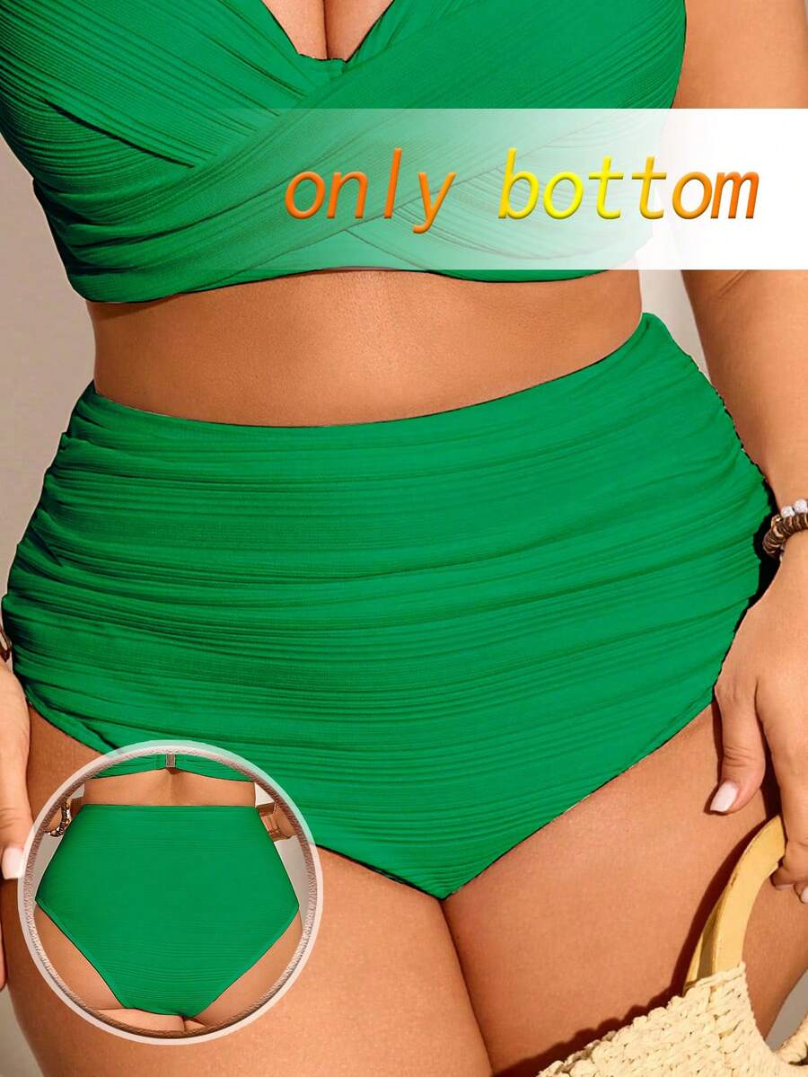 Swim Chiccia Plus Size Women Ribbed Fabric Solid Color Ruched Tummy Control Swimwear Bottom, Suitable For Daily Wear And Vacation For Summer - Green - View 1