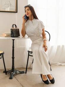 Andrea Bello Women's Polka Dot Fitted Short Sleeve Fashionable Cropped Summer T-Shirt Casual Vacation - White - View 3