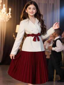 少女优雅秋季翻领双排扣外套和百褶裙两件套 - 酒紅色 - 查看 1