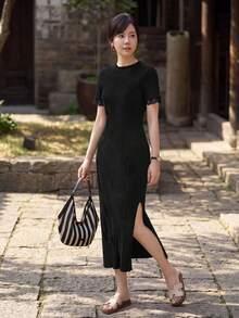 Yumoku 休閒極簡優雅女款夏季針織蕾絲洋裝 早午餐穿搭 黑色 - 黑色 - 查看 4