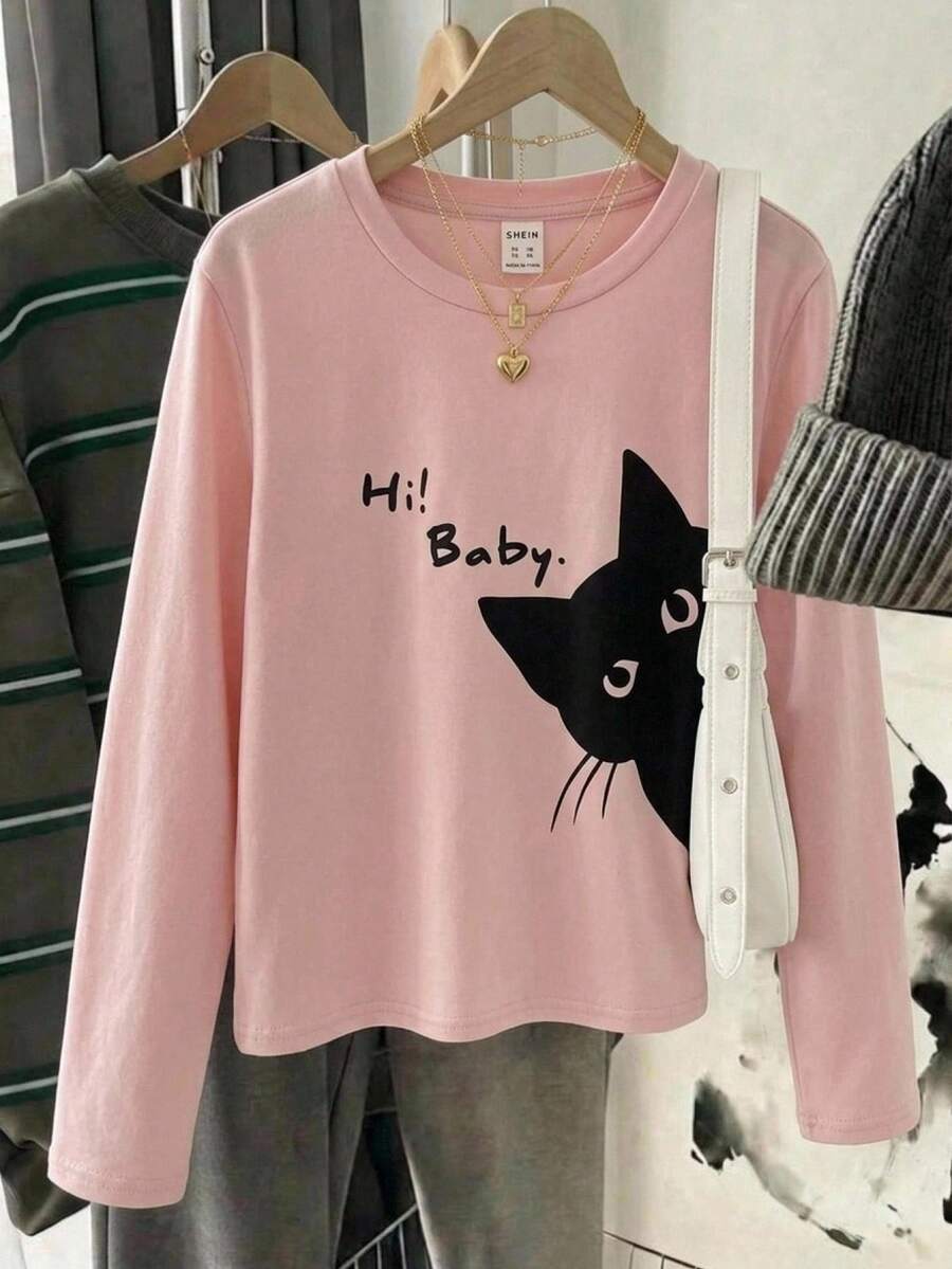 SHEIN Tween Girls Casual Slogan & Cat Print T-Shirt For Autumn - Baby Pink - View 1