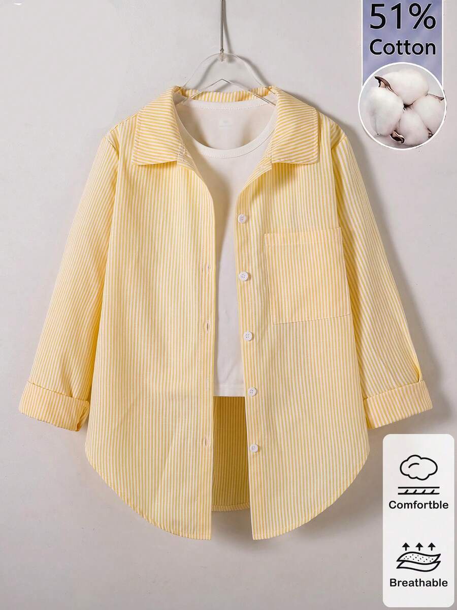 SHEIN 青少年女孩條紋輕量防曬襯衫，春夏季度假旅行穿搭