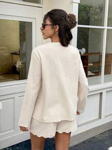 Serisse Women's Elegant 100% Cotton Solid Color Two Piece Set Tie Front Long Sleeve Top And Scallop Shorts Teachers' Day Office Brunch Back To School Autumn - Apricot - View 6
