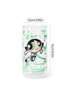 THE POWERPUFF GIRLS X SHEIN 1個 19.60oz/580ml L號可愛卡通圖案印花硼矽酸鹽玻璃杯，耐冷耐熱，適用於牛奶、果汁、咖啡、氣泡水等，草莓、蝴蝶結、貓咪圖案 - 無色 - 查看 6