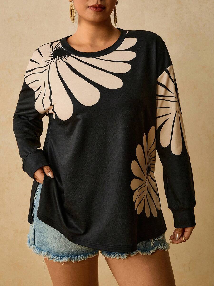 Travachic Plus Size Women's Black Casual Crew Neck Long Sleeve T-Shirt, Suitable For Autumn/Winter - Black - View 1