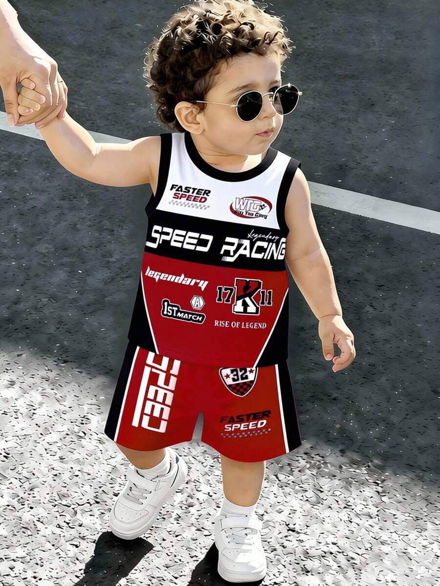 Set de 2 piezas de top de tirantes con estampado gráfico de logo de coche de carreras y shorts a juego con logo, estilo casual y elegante para niño, adecuado para salidas de verano - Multicolor - Ver 1