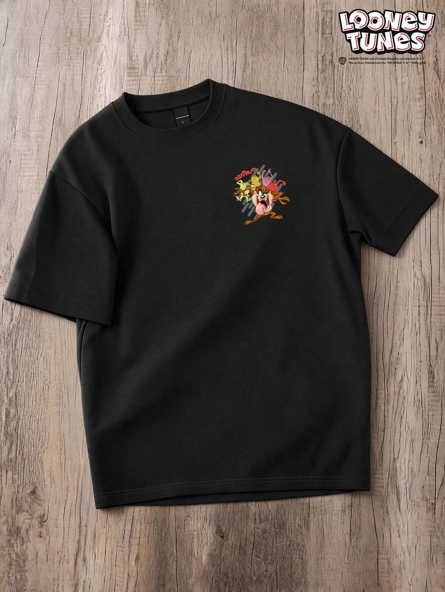 LOONEY TUNES X SHEIN Manfinity Joysei 男士字母卡通印花圓領短袖休閒T恤 - 黑色 - 查看 1