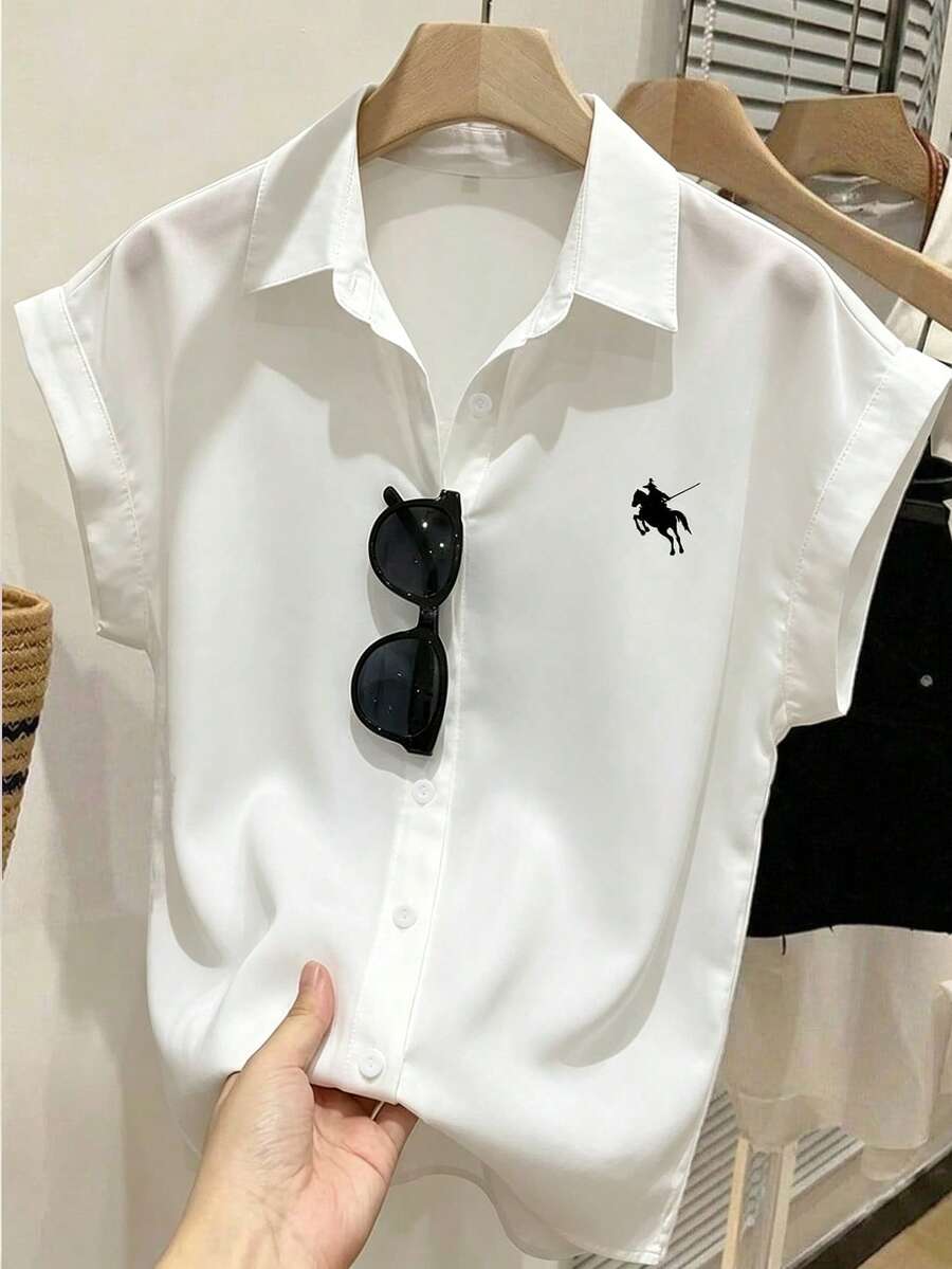 Muvela 女款休閒無袖開襟襯衫,通勤、夏季服飾、街頭風,適合日常通勤、約會、聚會、秋冬/夏季、派對、婚禮、海灘、畢業典禮,優雅、休閒、外出、Y2K、工作、基礎通勤,白色襯衫,小 Logo 印花,優雅 - 彩色 - 查看 1