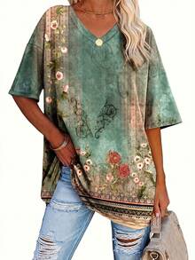 EMERY ROSE Retro Print Women's Loose T-Shirt, Casual Top - Multicolor - View 1