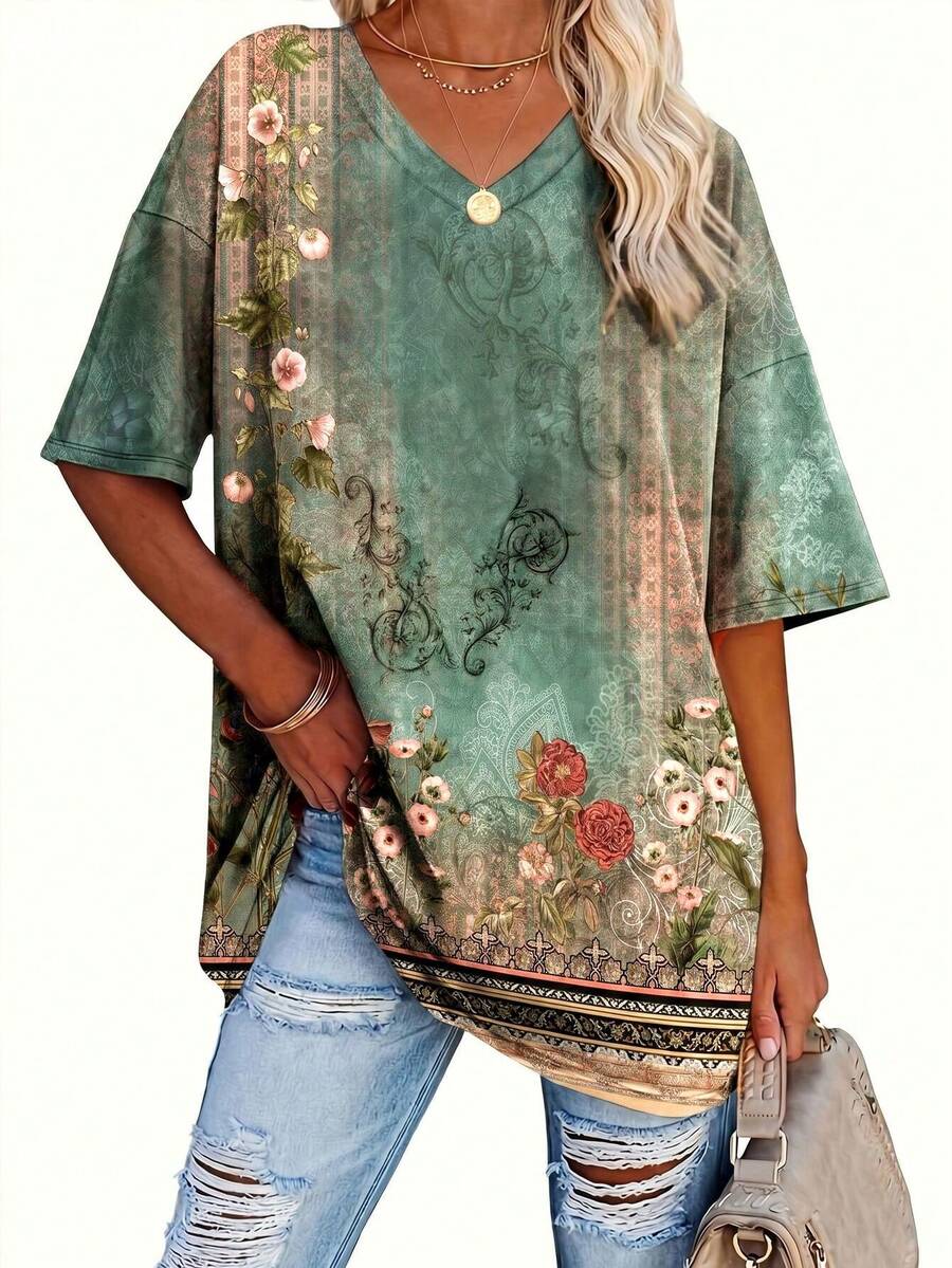 EMERY ROSE Retro Print Women's Loose T-Shirt, Casual Top - Multicolor - View 1