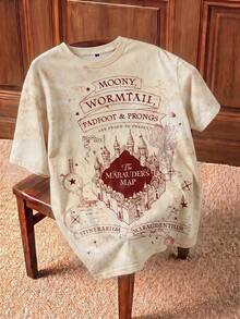 HARRY POTTER X SHEIN Plus Size Women Round Neck Letter Print Casual Versatile Daily Wear T-Shirt,The Marauder's Map - White - View 1