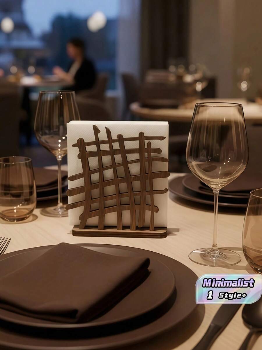 1PC Wooden Creative Geometric Grid Slatted Hollow Natural Napkin Holder For Bedroom Living Room Cafe Restaurant Home Decor Rustic Minimalist Versatile Tabletop Organizer - Multicolor - View 1