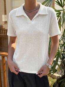 DAZY Women's Summer Polo Collar Short Sleeve Casual T-Shirt - White - View 9