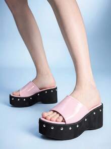 Sugerpunk Women Heeled Sandals With Open-Toed Thick-Soled Locomotive Rivets Slippers - Pink - View 6