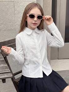 SHEIN 少女優雅純白色燈籠袖前綁帶襯衫，適合日常穿著與返校季 - 白色 - 查看 4