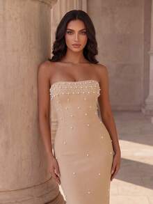 Coutiva Elegant Party Beaded Tassel Hem Strapless Dress - Apricot - View 6