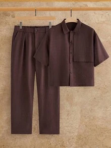 HIMLAND 男士純色短袖單排扣襯衫與長褲休閒套裝 - 咖啡棕 - 查看 2