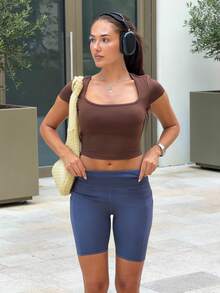 Harriette Anya Workout Women Tops Casual Solid Color Cropped Sports T-Shirt, Summer Bustier Crop Sports Tee - Coffee Brown - View 1