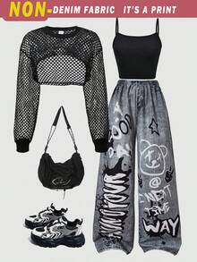SHEIN 青少年女孩 3件組/套圓領：寬鬆街頭風丹寧效果長褲、短版背心、長袖連帽網紗運動衫 - 時尚款 - 黑色 - 查看 2