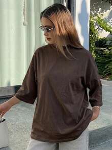 Livesso 女款寬鬆商務休閒純色棕色極簡短袖T恤，適合辦公穿著，春/夏季 - 棕色 - 查看 5