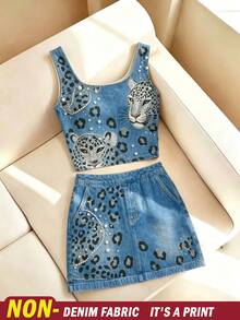 Resyla Leopard Print Denim Effect Tank Top & Skirt 2 Pieces Set - Multicolor - View 1