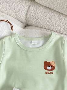 SHEIN Playful Pals 2件組男嬰夏季卡通熊印花上衣與短褲套裝，休閒外出套裝 - 綠色 - 查看 4