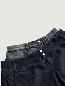 ROMWE Grunge Punk Vintage Asymmetrical Double Waistband Washed Loose Wide Leg Denim Mid-Length Jeans Plus Size - Black - View 3