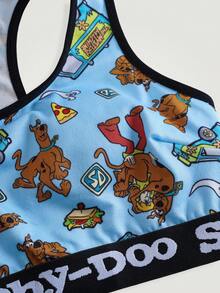 SCOOBY-DOO X SHEIN 女款內衣套裝聯名款 可拆式杯墊運動背心與低腰內褲 緹花卡通圖案滿版印花 - 藍色 - 查看 5
