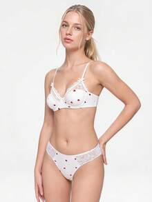 Bonmuse 1套女款白色愛心印花蕾絲飾邊內衣文胸與內褲套裝，適合夏季 - 白色 - 查看 1
