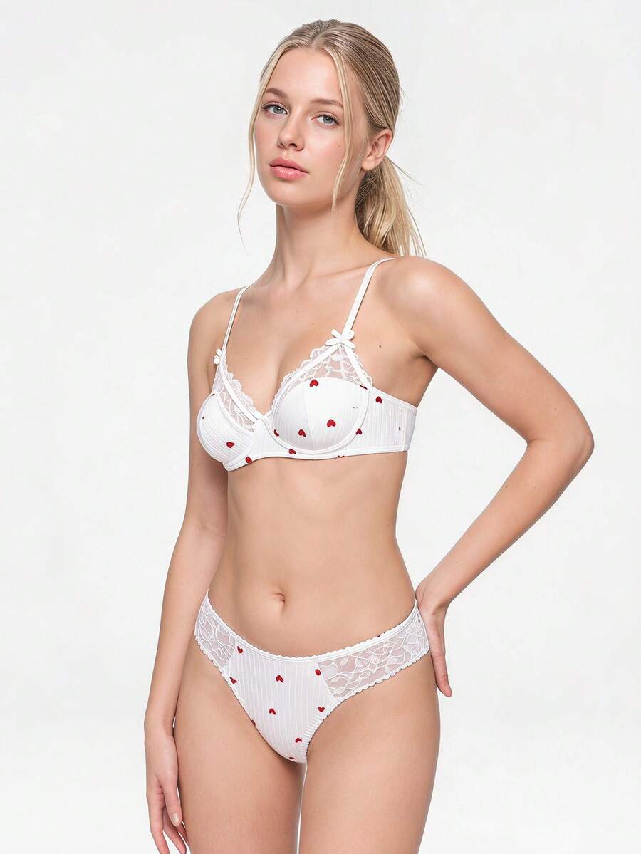 Bonmuse 1套女款白色愛心印花蕾絲飾邊內衣文胸與內褲套裝，適合夏季 - 白色 - 查看 1
