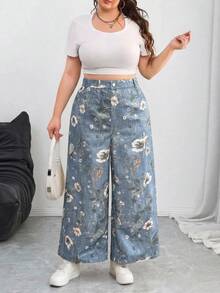 SHEIN CURVE+ Damen Große Größen Bedruckte Elastische Taille Weite Beine Lockere Lässige Hose Strandkleidung Herbst, Winter 2026 22W - Verschiedenfarbig - Übersicht 4