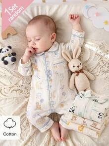 SHEIN Vintaside Kids 新生兒舒適柔軟親膚棉感米色獅子熊貓熊月亮兔子印花領口鈕扣前開長袖長褲包邊連身衣4件套 - 彩色 - 查看 3