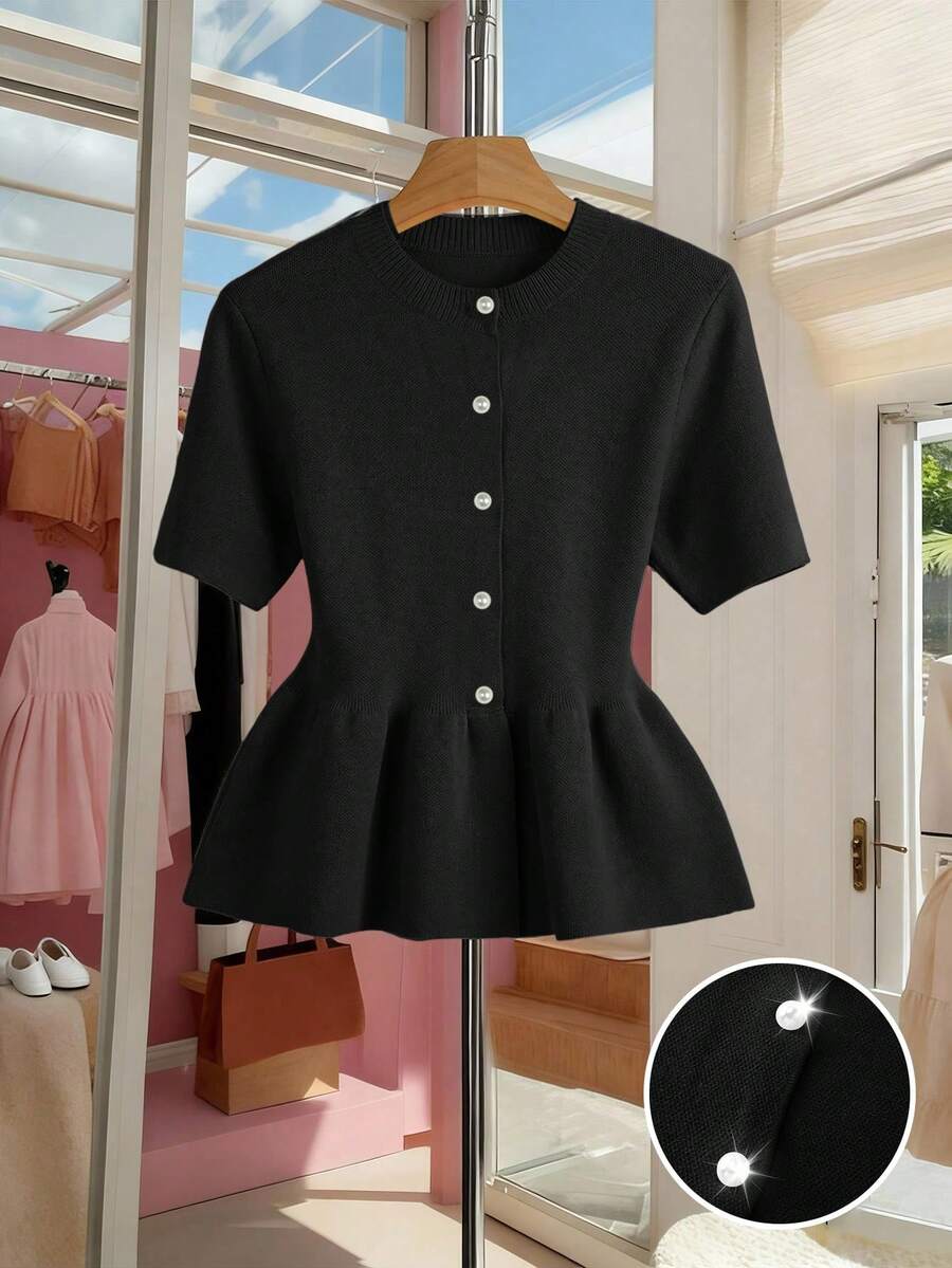 SHEIN Franclia 女士纯色圆领短袖单排扣休闲针织上衣 - 黑色 - 查看 1