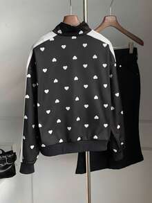 Comfortcana Sudadera casual con cremallera y estampado de lunares & corazones para mujer - Negro - Ver 2