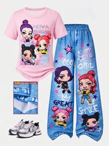 Genkimix Kids 卡通青少年女孩印花短袖上衣與牛仔長褲套裝，柔粉色上衣搭配水洗藍寬腿褲，多款卡通塗鴉裝飾打造豐富設計感，寬鬆版型舒適穿著，打造個性街頭風造型 - 彩色 - 查看 5