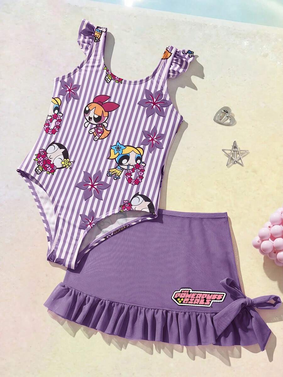 THE POWERPUFF GIRLS X SHEIN 女童條紋卡通印花抓皺連身泳衣，適合海邊度假、泳池派對、海灘派對 - 紫色 - 查看 1