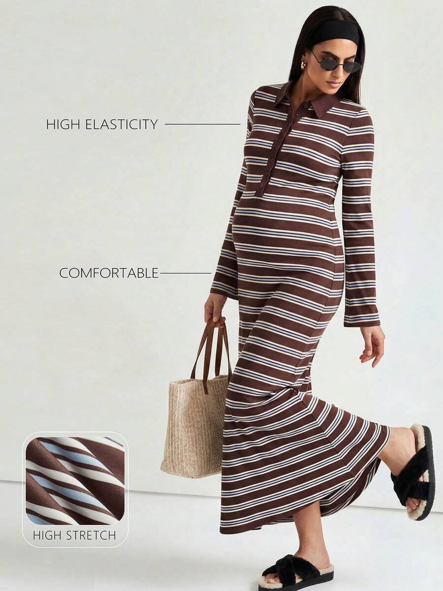 Modmama Maternity Brown Button Half-Placket Long Sleeve Casual Baggy Dress Autumn Photoshoot Formal - Multicolor - View 1