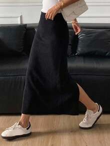 Dazy Tall Women's Long Elegant Back Slit Knit Skirt Fall - Black - View 9