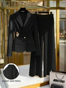 GlowEve Spring New Yellow Elegant Commuter Chic Waist Cinched Flare Pants With Decorative Button Design Women 2 Pieces Set - Black - View 1