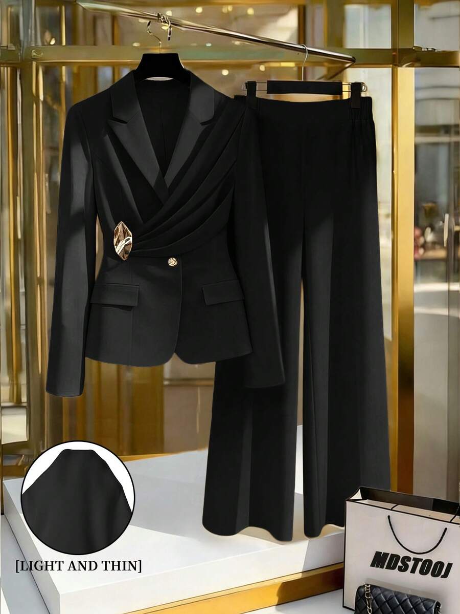 GlowEve Spring New Yellow Elegant Commuter Chic Waist Cinched Flare Pants With Decorative Button Design Women 2 Pieces Set - Black - View 1