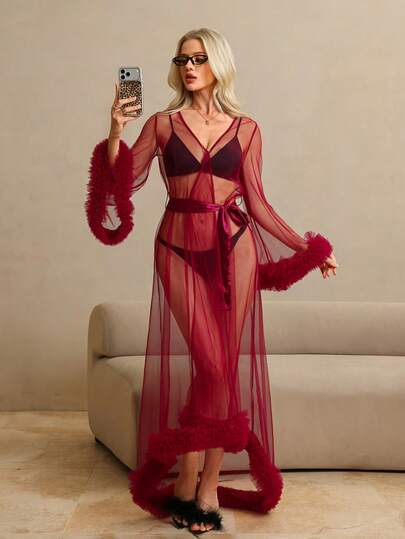 HautHeat Sexy Sheer Mesh Floral Trim Sleeve Design Short Front Long Back Maxi Robe Dress Sleepwear