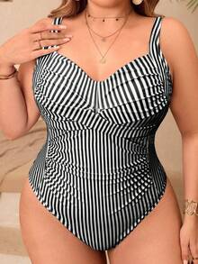 Swim Lushoire 大码女式连体印花条纹加厚吊带背心泳衣，修身版型，适合海滩和夏季度假 - 黑與白 - 查看 6